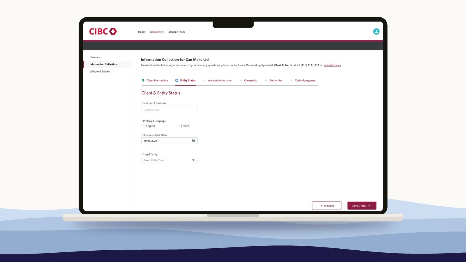 The Client and Entity Status step of the CIBC onboarding portal on a laptop, with a progress bar across six information sections