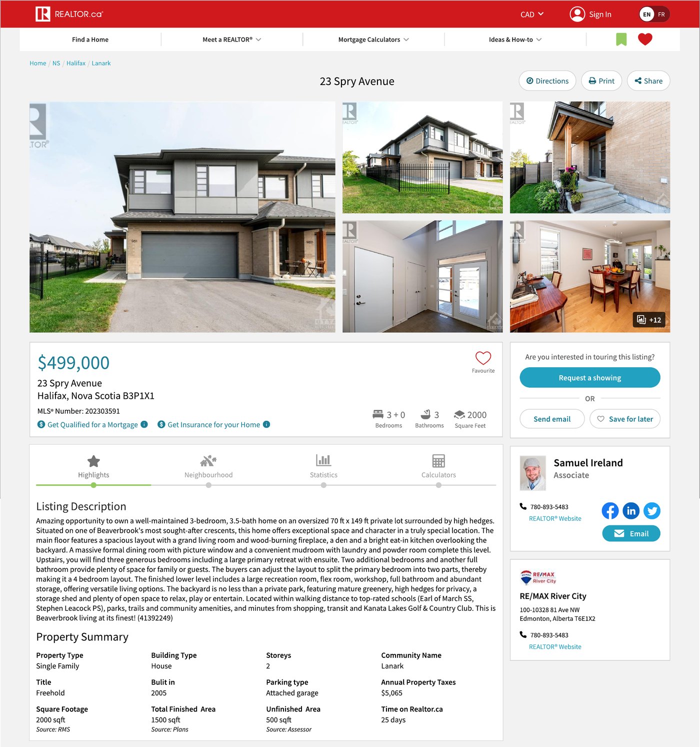 A REALTOR.ca listing page, with two candidate spots for the insurance link marked: A next to the price, B below the listing description