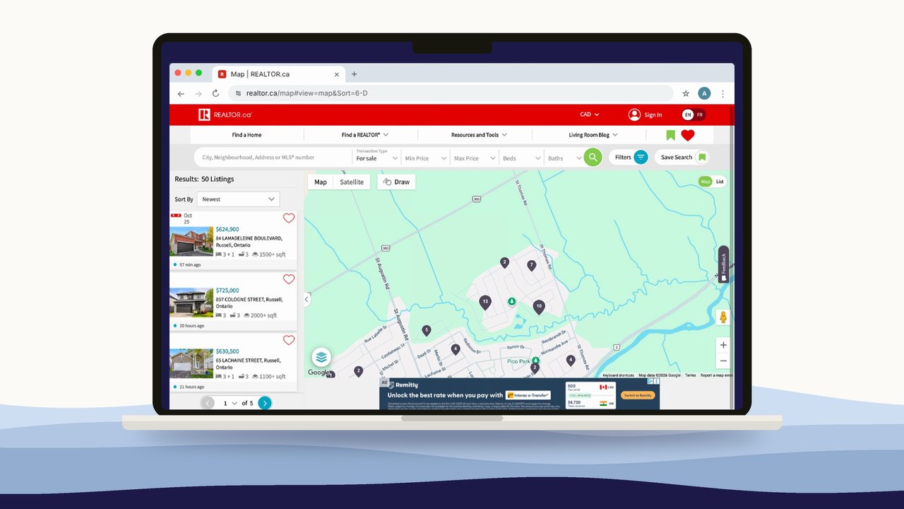 REALTOR.ca map search on a laptop, with an ad placement along the bottom of the map